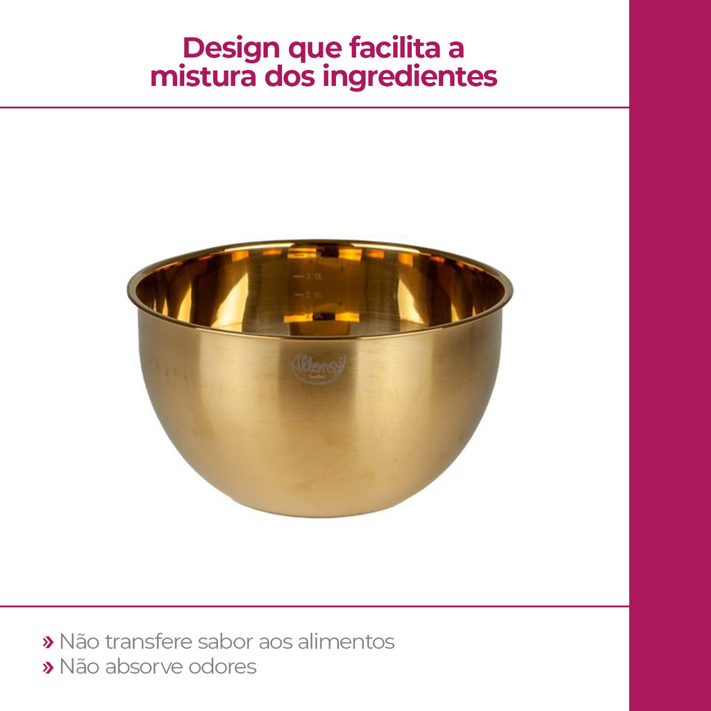 Bowl tigela aço inox allonsy dourado 3,5l multiuso com medidas 1 un · foto 2