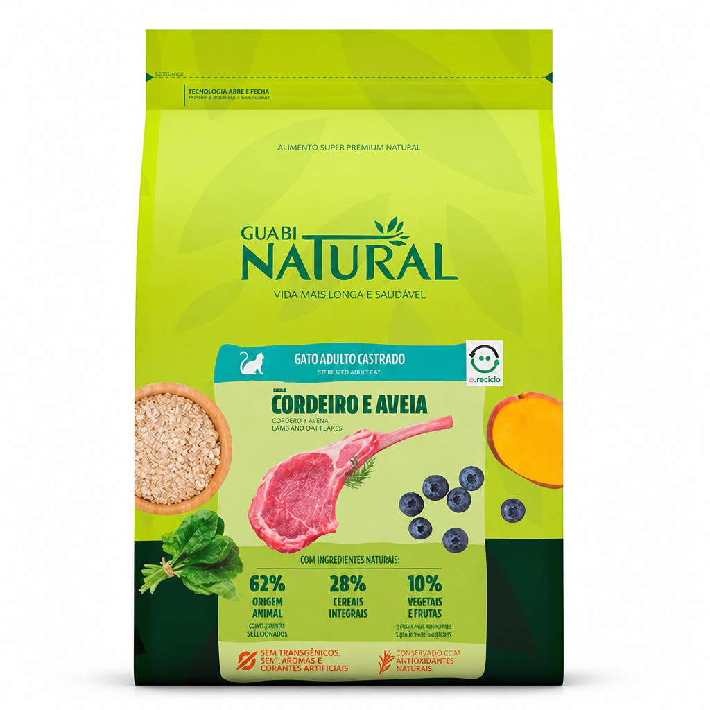 Guabi Natural Gatos Castrados Cordeiro e Aveia 7,5kg | Ração Super Premium Natural para Gatos Adultos Castrados