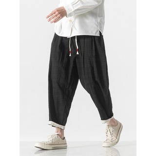 Verão fino tornozelo comprimento calças masculinas Retro algodão linho xadrez calças casuais estilo japonês solto tamanh