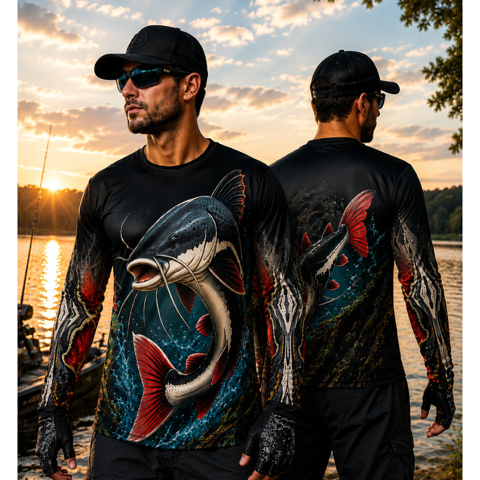 Camisa de Pesca Masculina UV50+ Manga Longa Pescaria Esportiva Peixes Proteção Solar Tecido Leve Camiseta Pescador