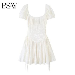 BSAY 2026 Novo Vestido Mini Feminino Versátil Branco com Estampa Floral Jacquard, Decote Quadrado, Manga Bufante, Cordão