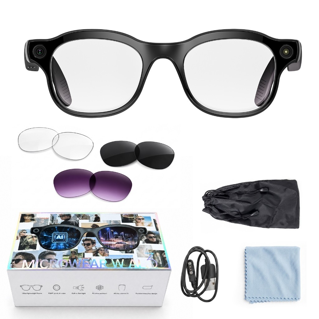 Óculos Inteligentes MicroWear W‑AI3 Câmera 8MP Vídeo 1200P, Áudio Open‑Ear Bluetooth, Assistente IA Transcrição