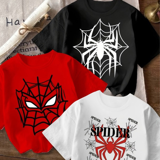 Conjunto de Três Peças Camiseta Casual Estilosa com Estampa de Aranha para Meninos Kit de Três Camisetas