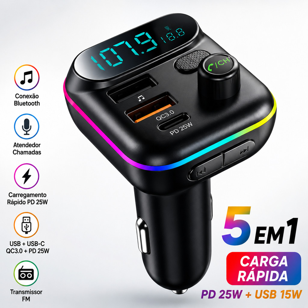 Adaptador Bluetooth Carro Transmissor FM Carregador Veicular Compatível com Android e iPhone - x8
