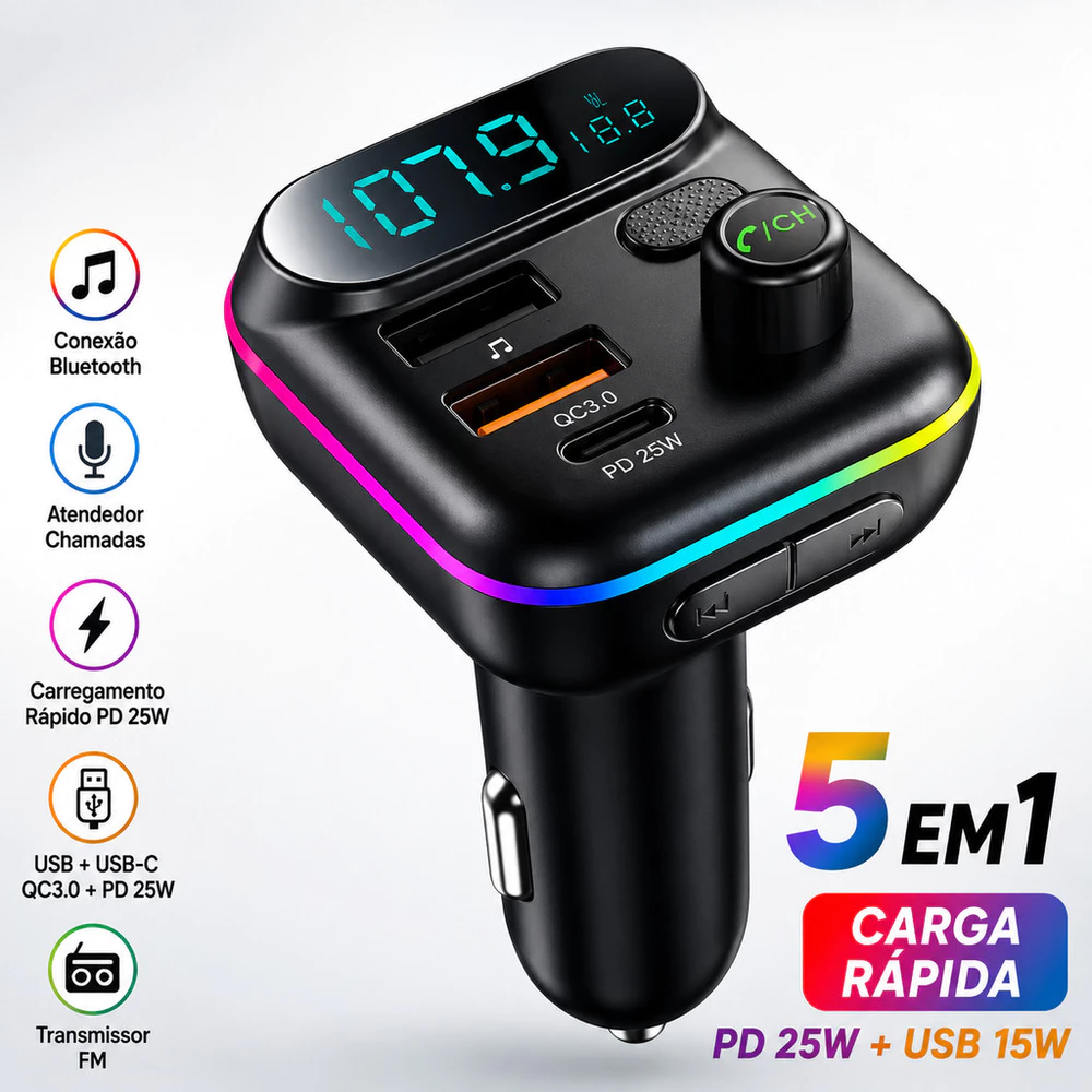 Adaptador Bluetooth Carro Transmissor FM Carregador Veicular Compatível com Android e iPhone - x8