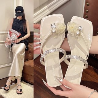 Estilo de fadas flor conjunto Toe sandálias chinelos feminino verão exterior Wear 2026 novo estilo bonito strass salto g