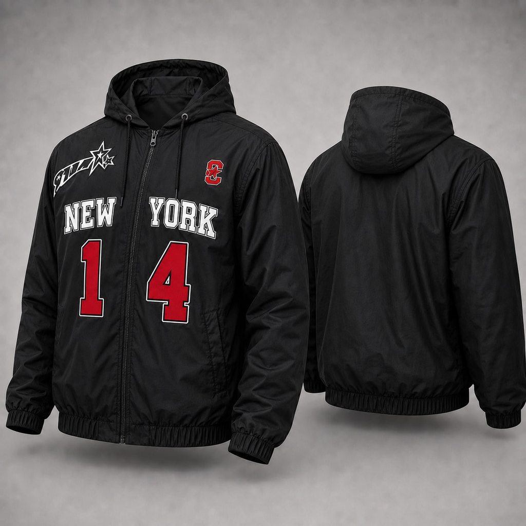 Jaqueta Corta Vento Impermeável Solto Com Bolso Lateral Estampa 14 New York Estilo Universitário Masculino 