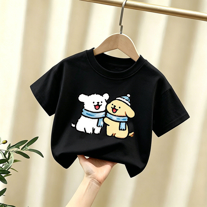 Crianças verão novo estilo puro algodão de manga curta dos desenhos animados filhote de cachorro camiseta meninos menina