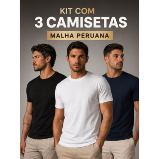 Kit 3 Camisetas Básicas de Algodão Peruano Masculina