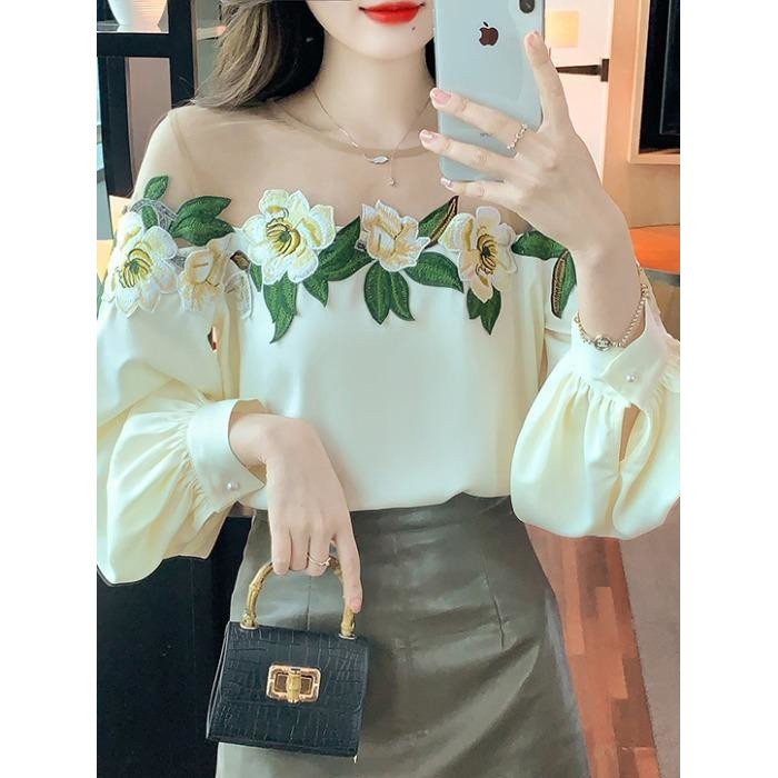 Design gaze costura camisa primavera feminina 2026 novo estilo indústria pesada bordado flor camisa chique linda camisa 