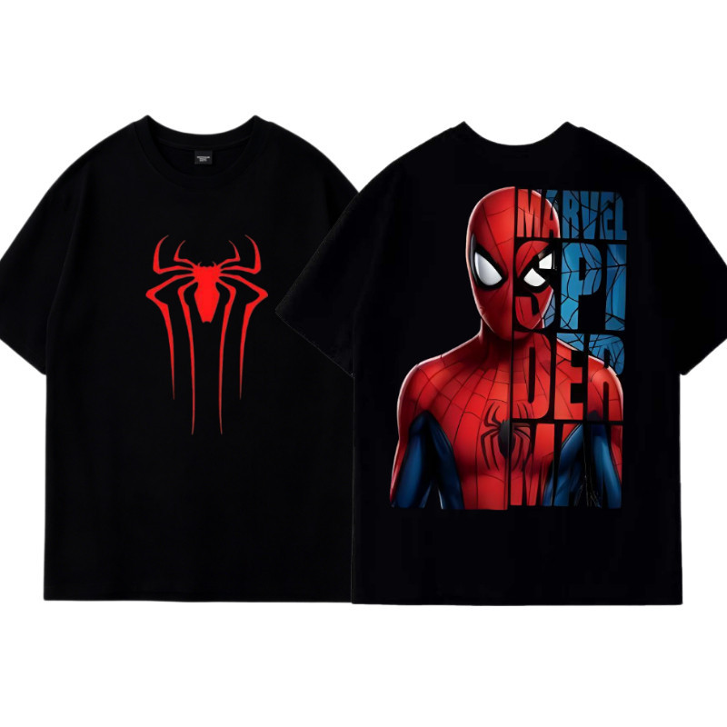 Camiseta Unissex Algodão Puro Corte Oversize Solto, Estampa Retrô Homem-Aranha Frente e Costas, Camiseta Streetwear
