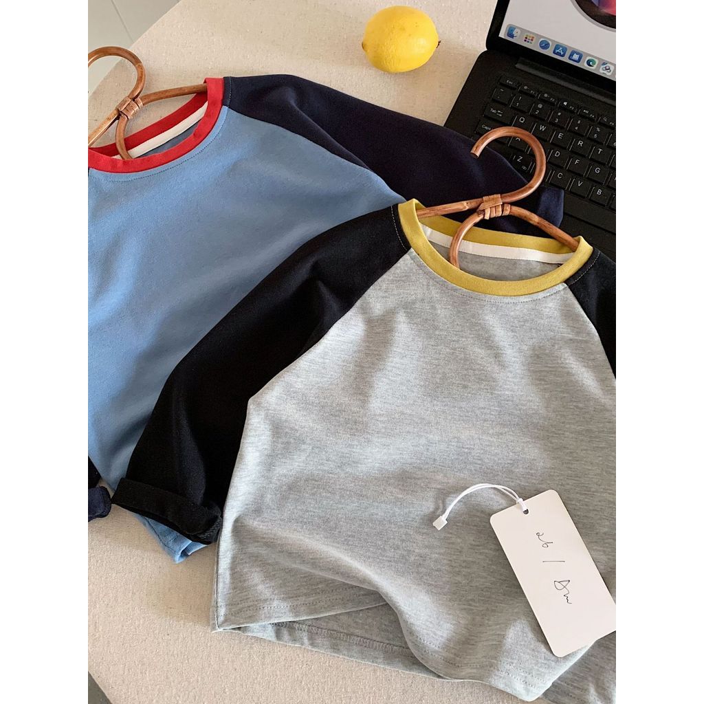 Crianças contraste cor Raglan manga comprida camiseta meninos meninas 2026 primavera outono roupas 5 bebê Casual topos c