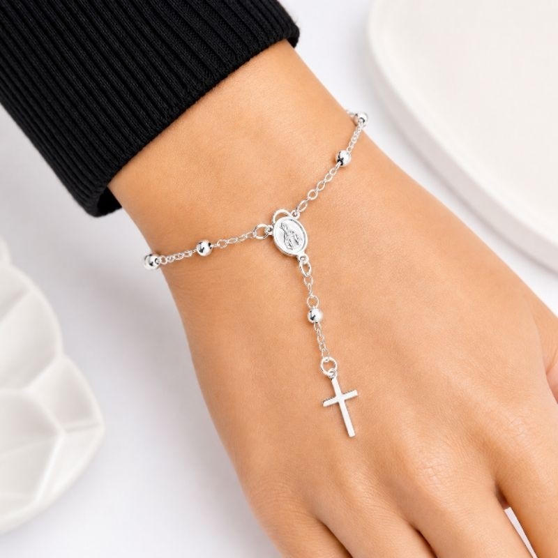 Pulseira Terço Nossa Senhora Aparecida Feminina Cruz Folheada