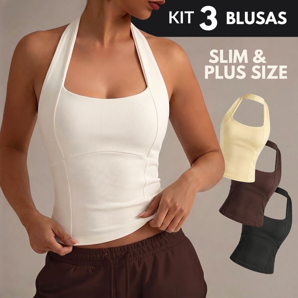 KIT 3 Blusinhas Femininas Da Moda Estilosa Tendência Branca Regata Halter Vintage Plus Size Frente Unica Tamanho 36 A 58