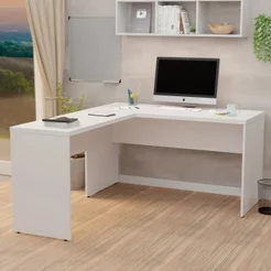 Mesa de Canto em L para Escritório Tampo 140cm Branco Branco