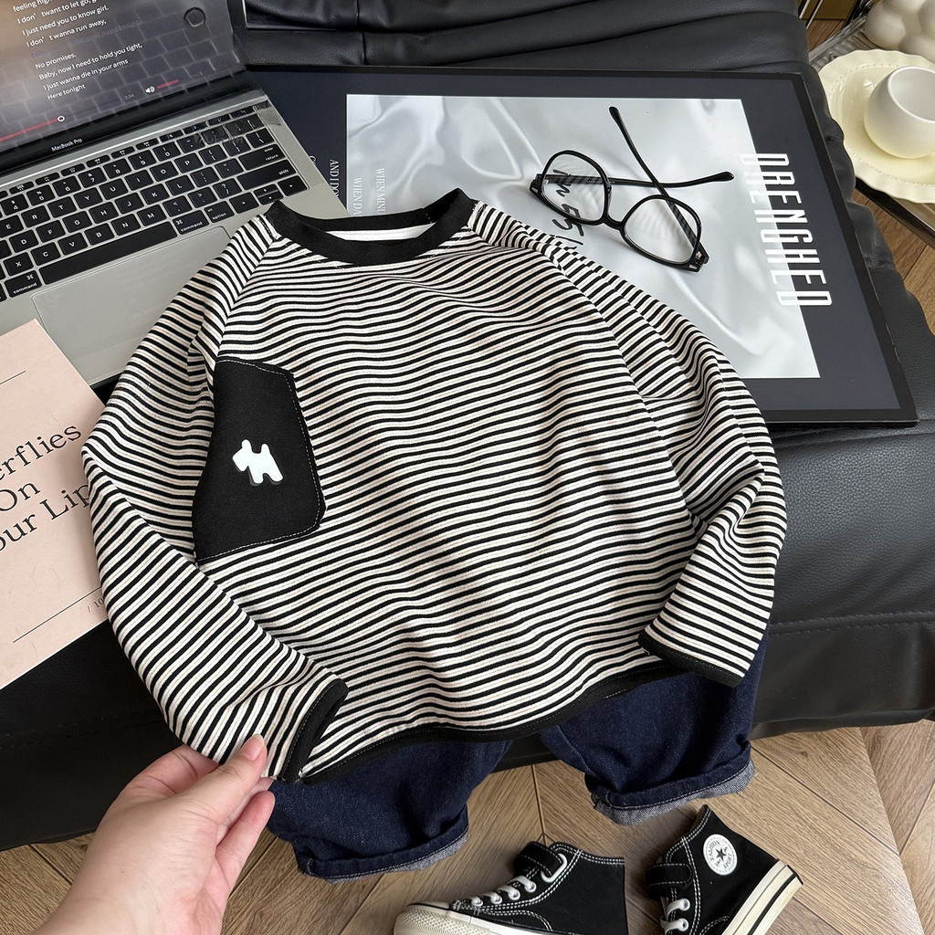80-160CM médio grande crianças camiseta de manga comprida meninos meninas estilo coreano moda Casual All-Match listrado 