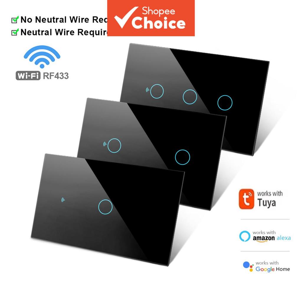 Interruptor Inteligente AXUS US, Painel de Parede Touch WiFi, Sem Fio Neutro, 1 2 3 4 Gangues, Compatível com Tuya App,