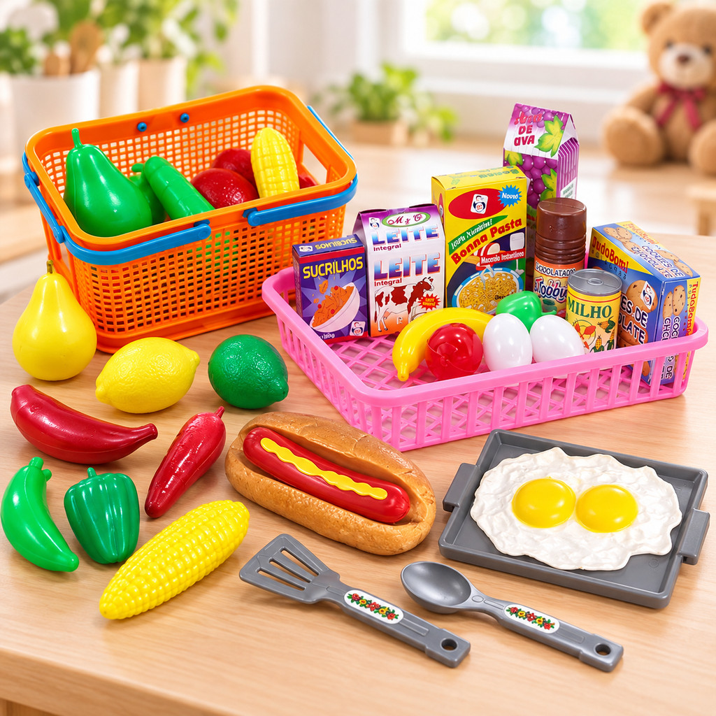 Kit Mercadinho Infantil 35 Peças Brinquedo Educativo Criativo com Comidinhas e Acessórios