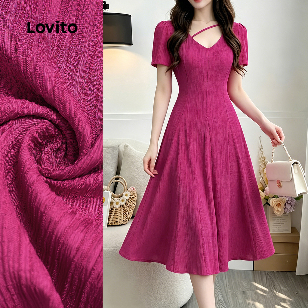 Lovito Vestido Elegante Textura Lazer Requintado Primavera/Verão Rosa Vermelho Feminino DRB199P2D010