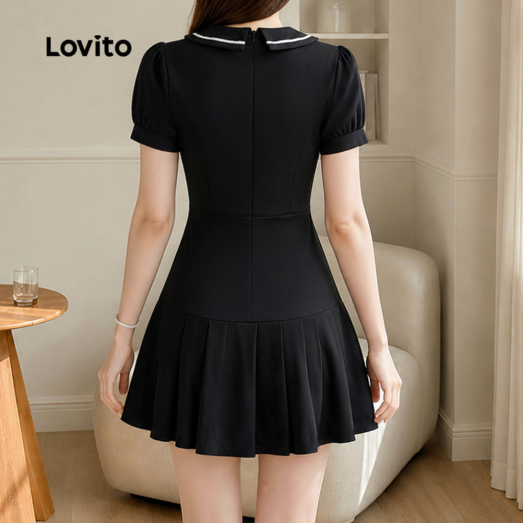(New Arrival) Lovito Casual Vestido Curto Evase off White Botão Duplo Pregos Barra Contraste Primavera Verão Fim De Semana Para Mulheres DRB205P2D186 — imagem 2 de 2