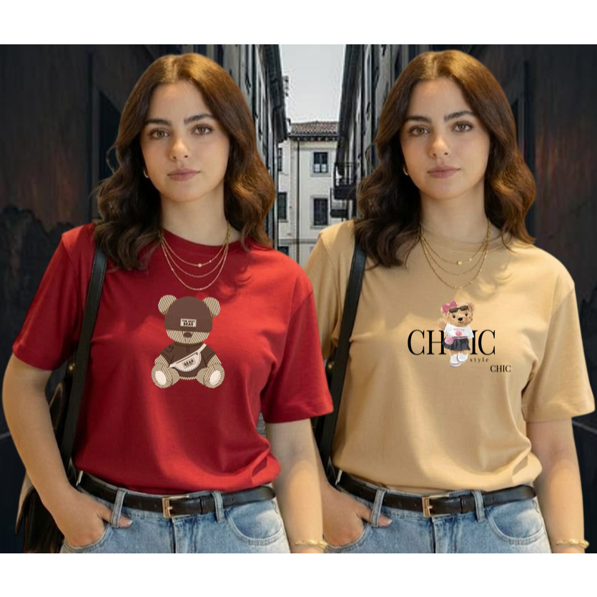 Kit 2 Camisetas Estampada Urso Polo Fofo T-Shirt Feminina Estilosa 100% Algodão Ted Bear Confortável Casual Tendência