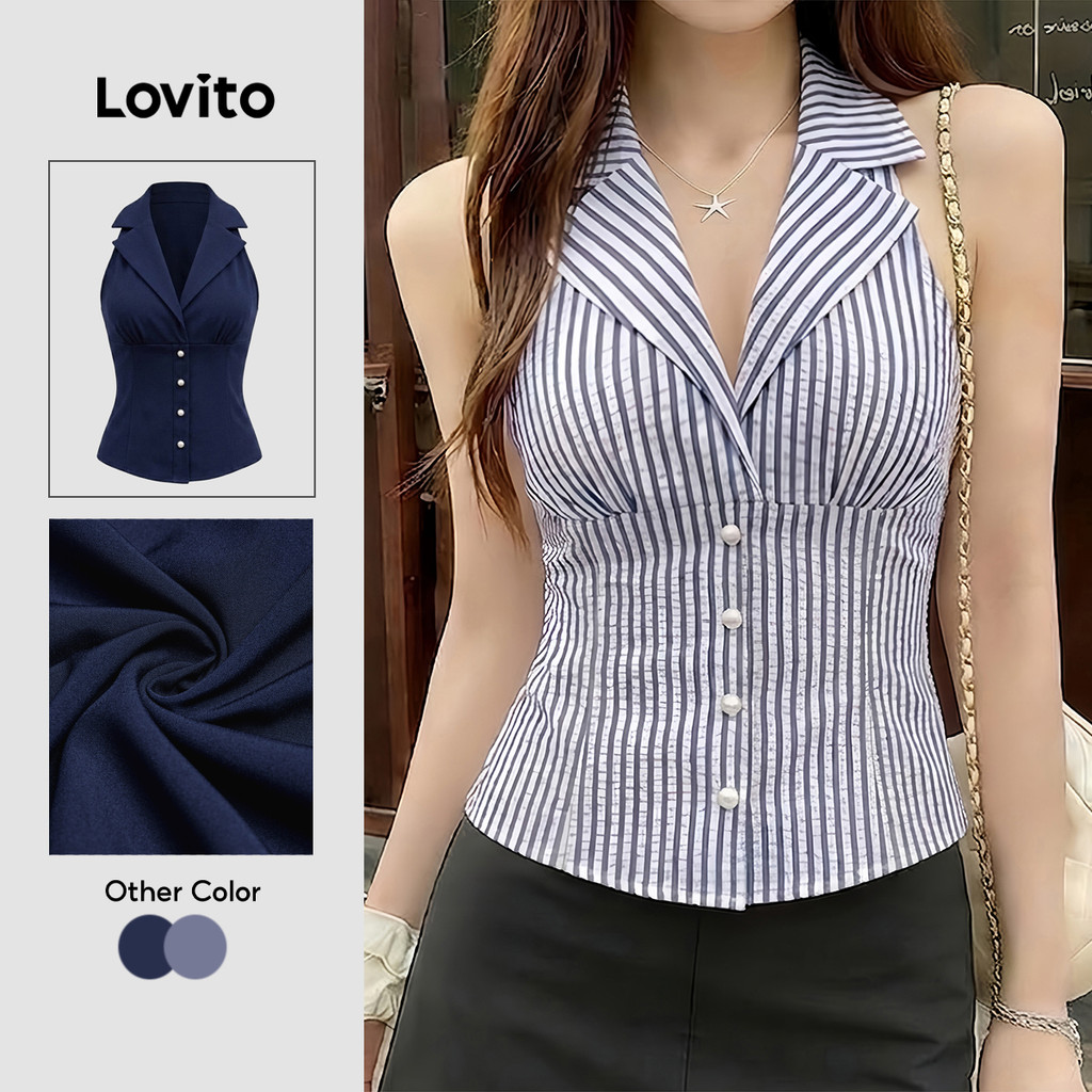 Lovito Casual Blusa Feminina Azul de Botão para Primavera/Verão LK7ED406