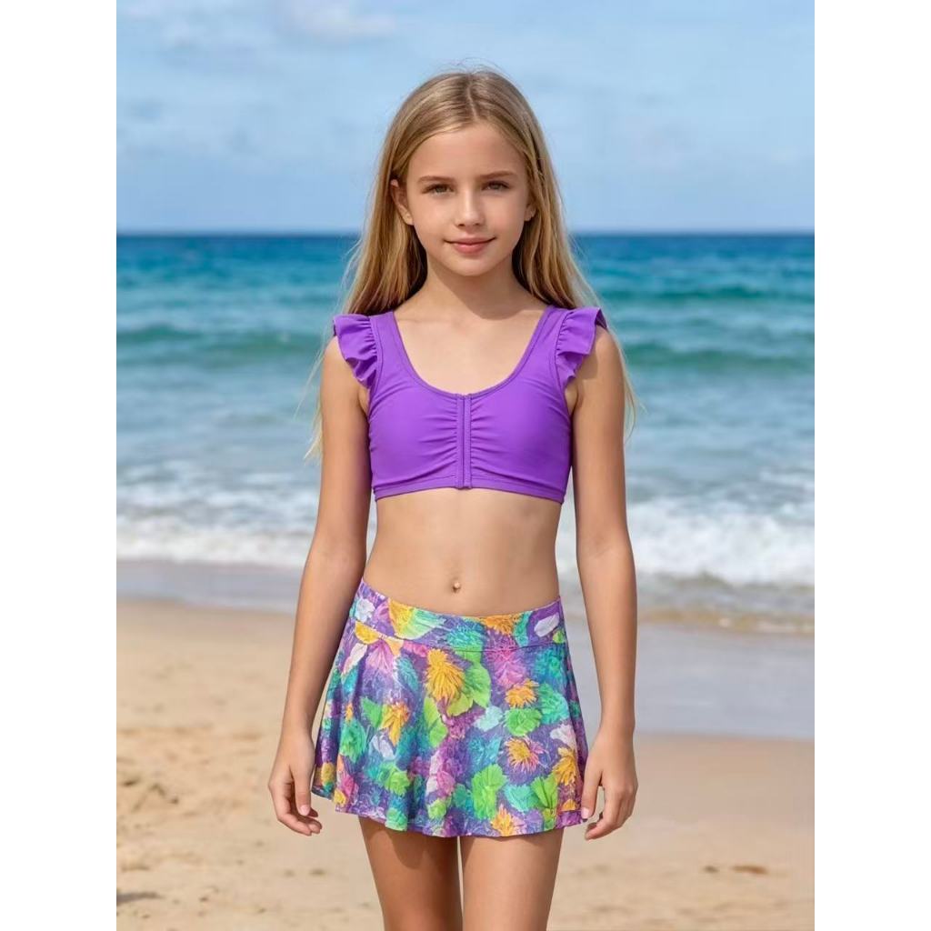 Conjunto Tríquini Biquíni Saia juvenil 3 Peças Feminino Saída Praia Praia Luxo Estampada
