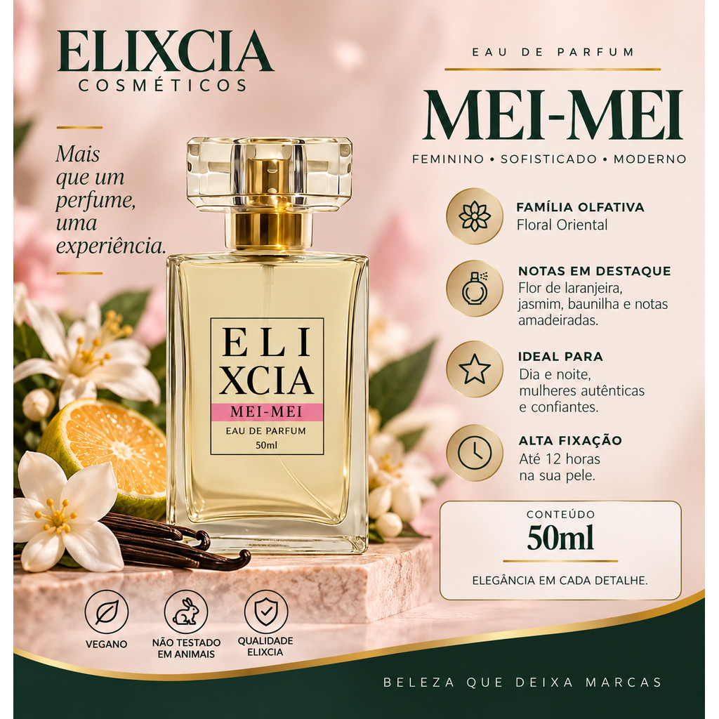 Perfume Feminino Elixcia Mei-Mei 50ml – Floral Fresco – Leve e Versátil – Alta Fixação
