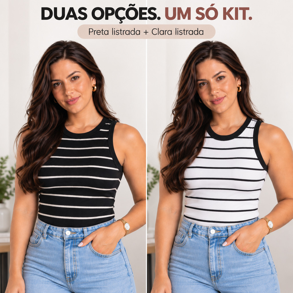 Kit 2 Regata Canelada Listrada Feminina Blusinha Básica Premium