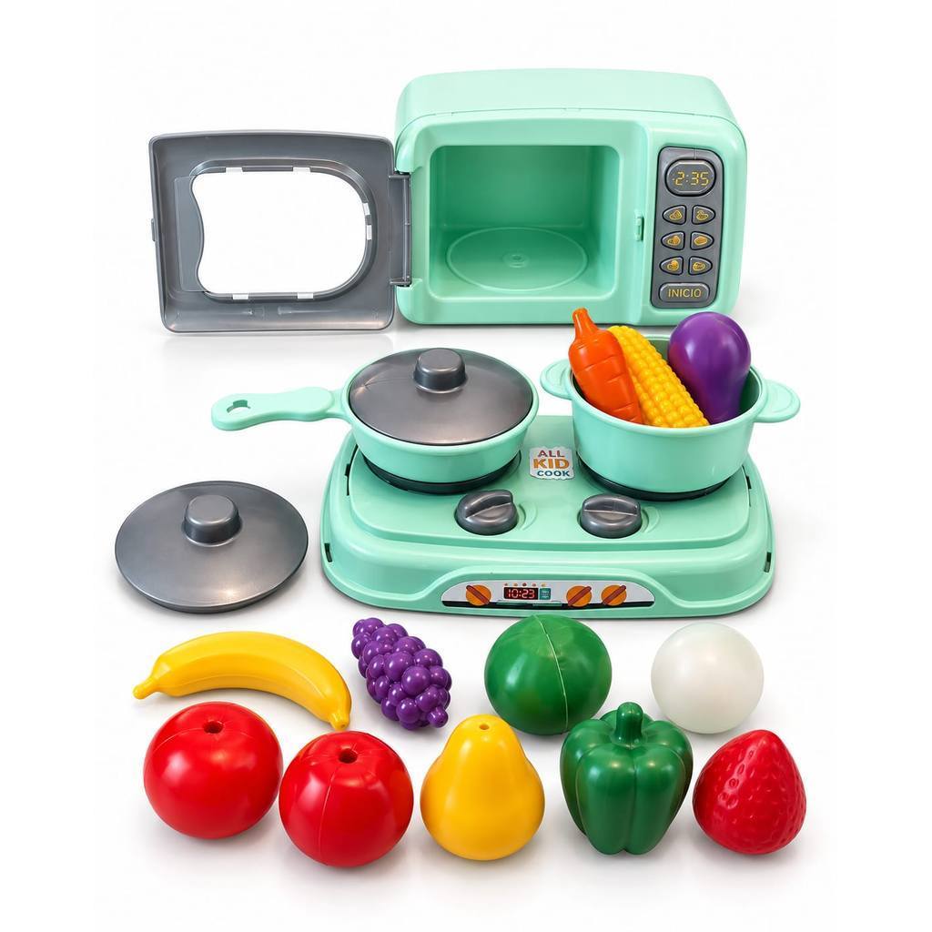 Kit Cozinha Infantil Completo com Micro-ondas, Fogão, Panelas e Frutas e Legumes de Brinquedo