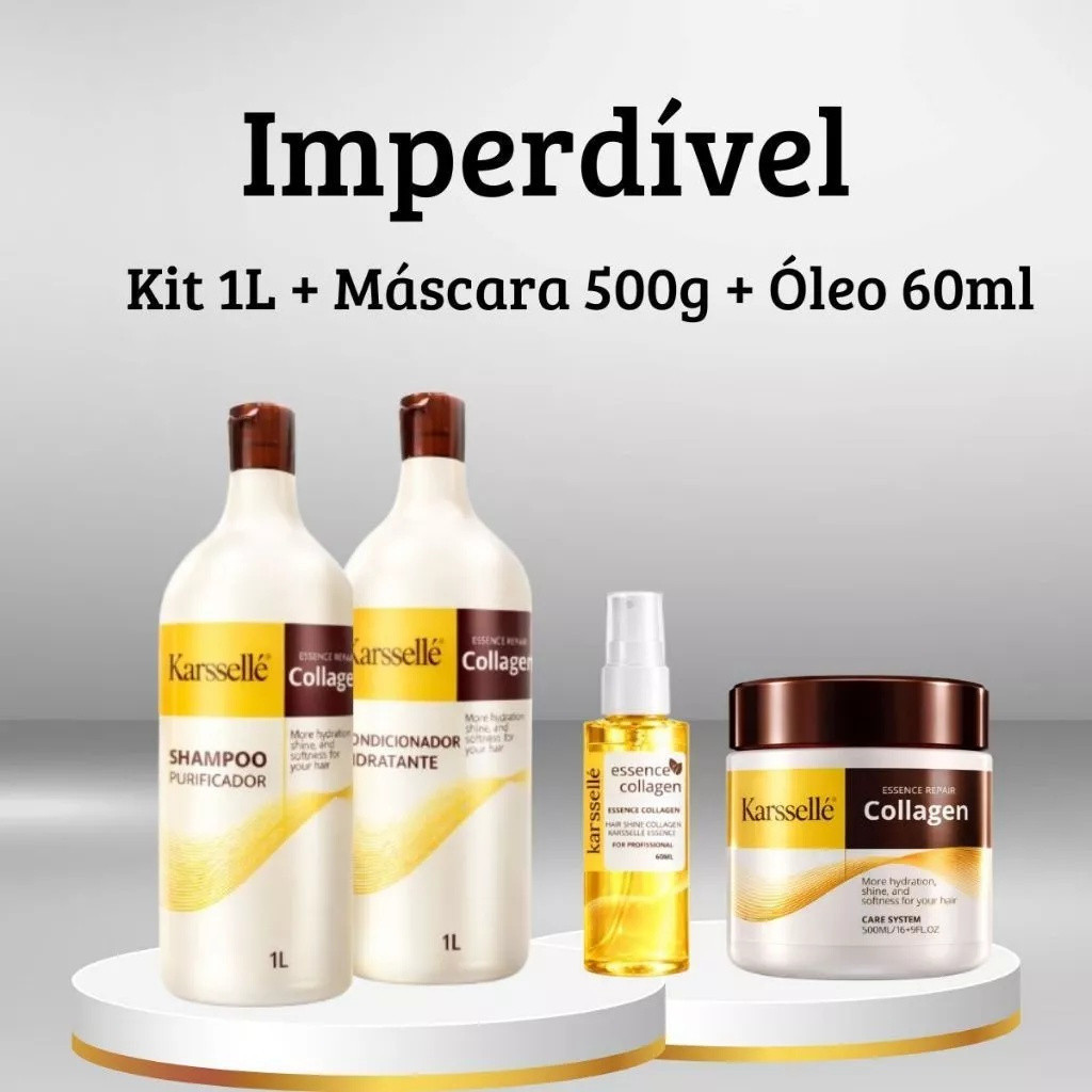 Kit 4 em 1 Completo Karssellé – Shampoo 1L + Condicionador 1L + Máscara 500ml + Óleo 60ml