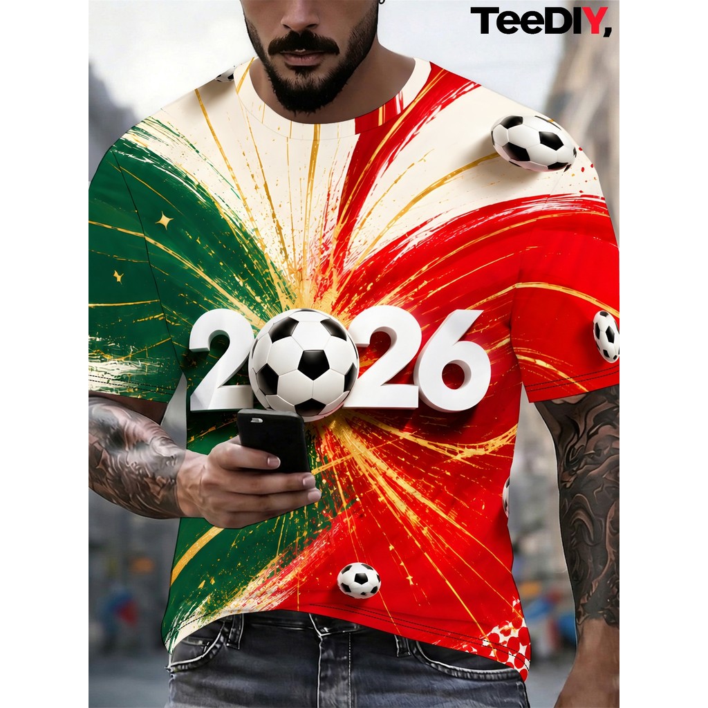 Camiseta masculina de verão plus size, camiseta de manga curta estampada com estampa de impacto de cor de futebol portug