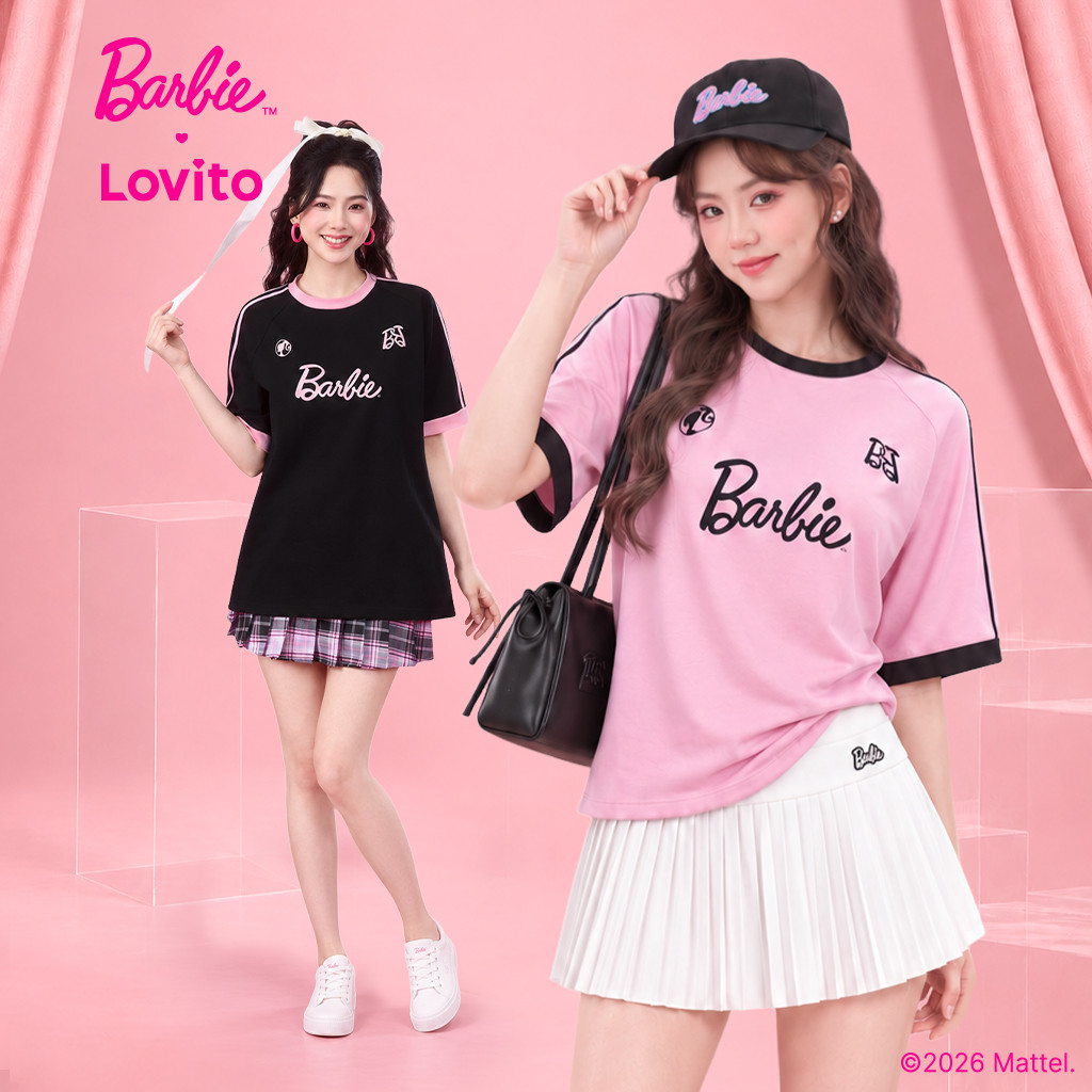 Barbie™ X Lovito Casual Camiseta Estilo Coreano Folgada Preta Primavera/verão Para Mulheres LB1AD018