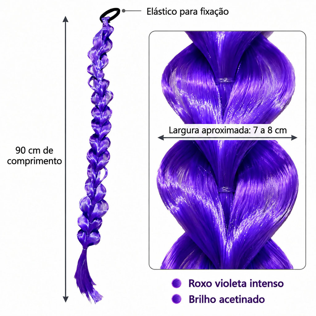 Aplique Trança Roxa 90cm Rabo de Cavalo K-pop Fantasia Cosplay Halloween — imagem 2 de 2