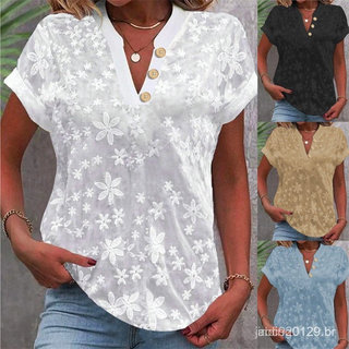 Blusa casual de verão com decote em V, camisa feminina, moda branca, camisa de manga curta com padrão jacquard, estilo p