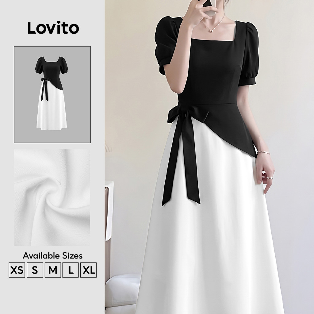Lovito Vestido Elegante Blocos de Cores Assimétricos Vestido Preto e Branco de para mulheres LK6ED245