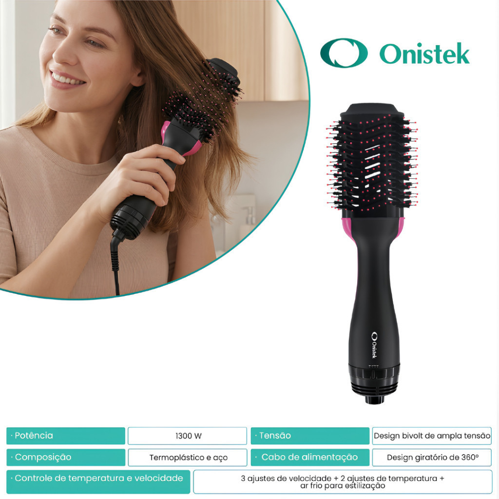 Escova Alisadora Secadora 3 em 1 Onistek 1300W Cerâmica Bivolt Manual Cabo 360°