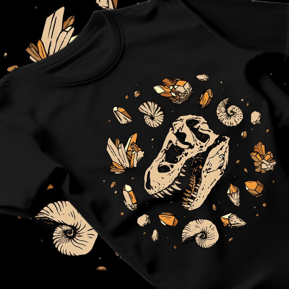 [Camiseta Premium em Algodão Puro]BOW Camiseta Dinossauro T-Rex Fóssil Cristais Blusa Preta Algodão Masculina Geek
