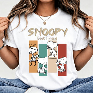 [Camiseta Premium em Algodão Puro]LA T-Shirt Feminino Curto Snoopy Cartoon Estilo Casual Para Jovens Dia a Dia