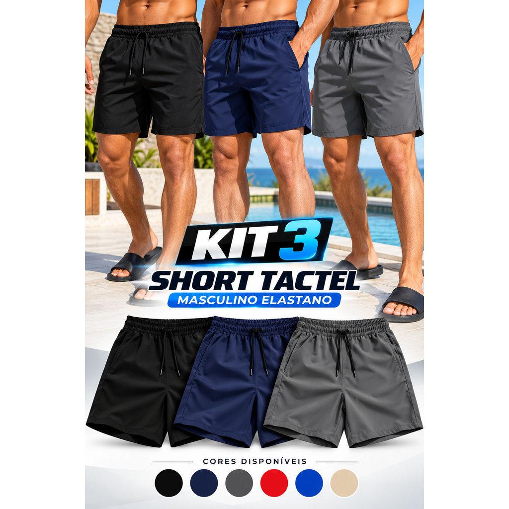 Kit 3 Shorts Tactel Masculino Elastano Bermuda Academia Short Praia Piscina