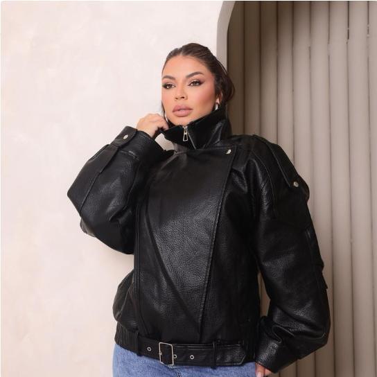 Jaqueta Zar Feminina Couro Zíper Transversal Cinto Casaco Elegante Couro PU Premium Estilosa Tendência Moda Inverno