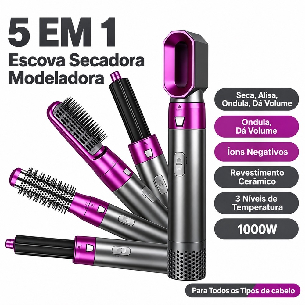 Escova Profissional Para Secador De Cabelo Com Ar Quente 5 Em 1 110V,Pente,Modelador,Aumenta Volume Janoclick