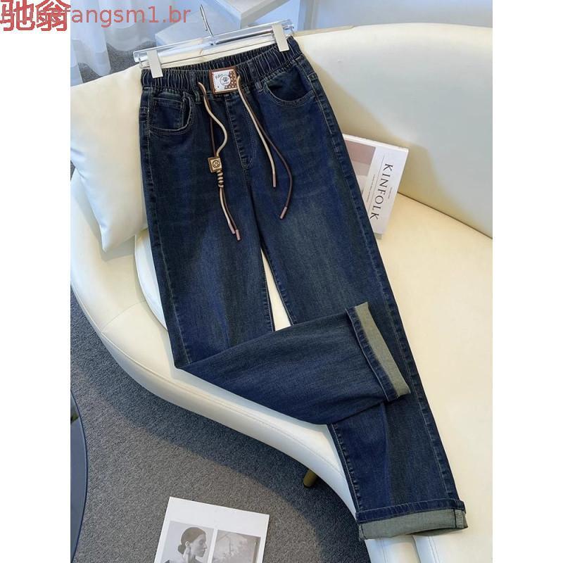 Cintura elástica mais veludo calças retas femininas outono inverno plus Size Jeans 2026 novo estilo cintura alta solta e