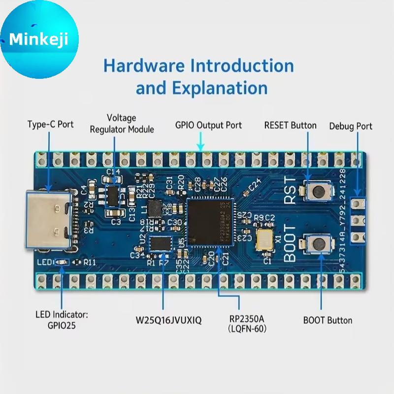 Milleji RP2350 Placa De Desenvolvimento De Microcontrolador Tipo-C Porta Debug LED Armazenamento USB Para Projetos De Ro