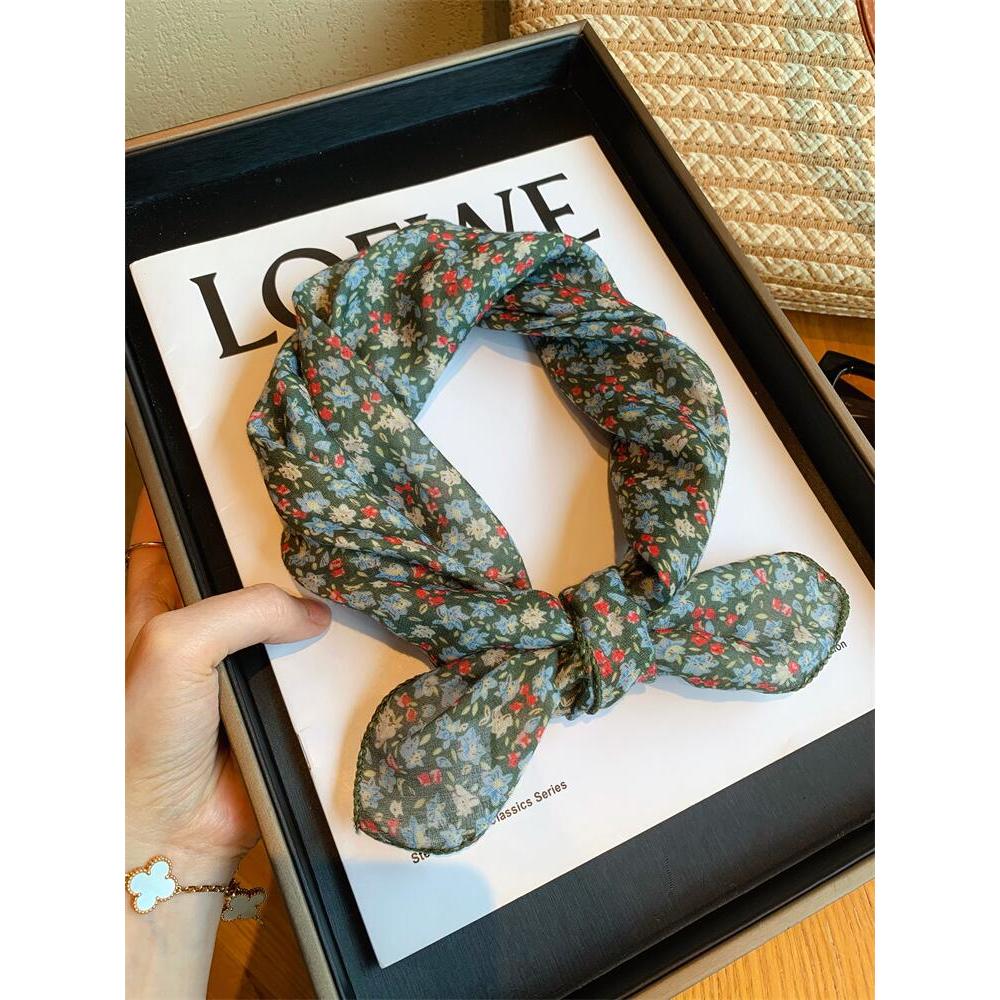 Retro verde pequeno Floral pequeno lenço quadrado feminino primavera outono versão coreana moda All-Match fino pequeno l
