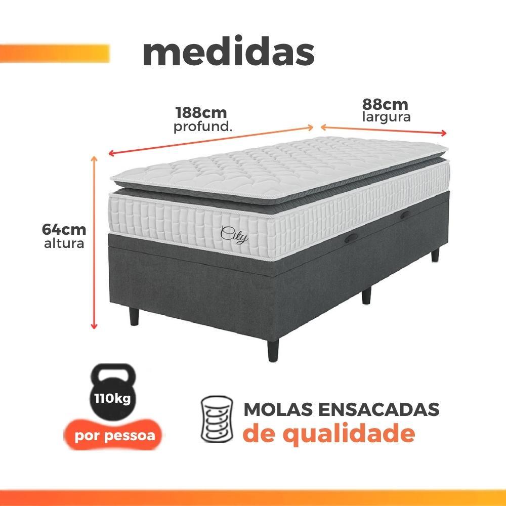Cama Box Baú Colchão Solteiro Molas Ensacadas City Pillow Top 88x188x64cm Branco / Cinza Hellen · foto 2