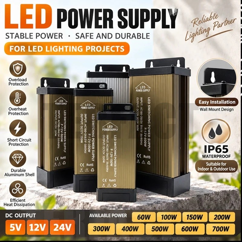 Fonte de Alimentação DC 12V/24V à Prova de Chuva, Transformadores AC 220V para DC 5V 100W 200W 300W 400W 500W 600W 800W,