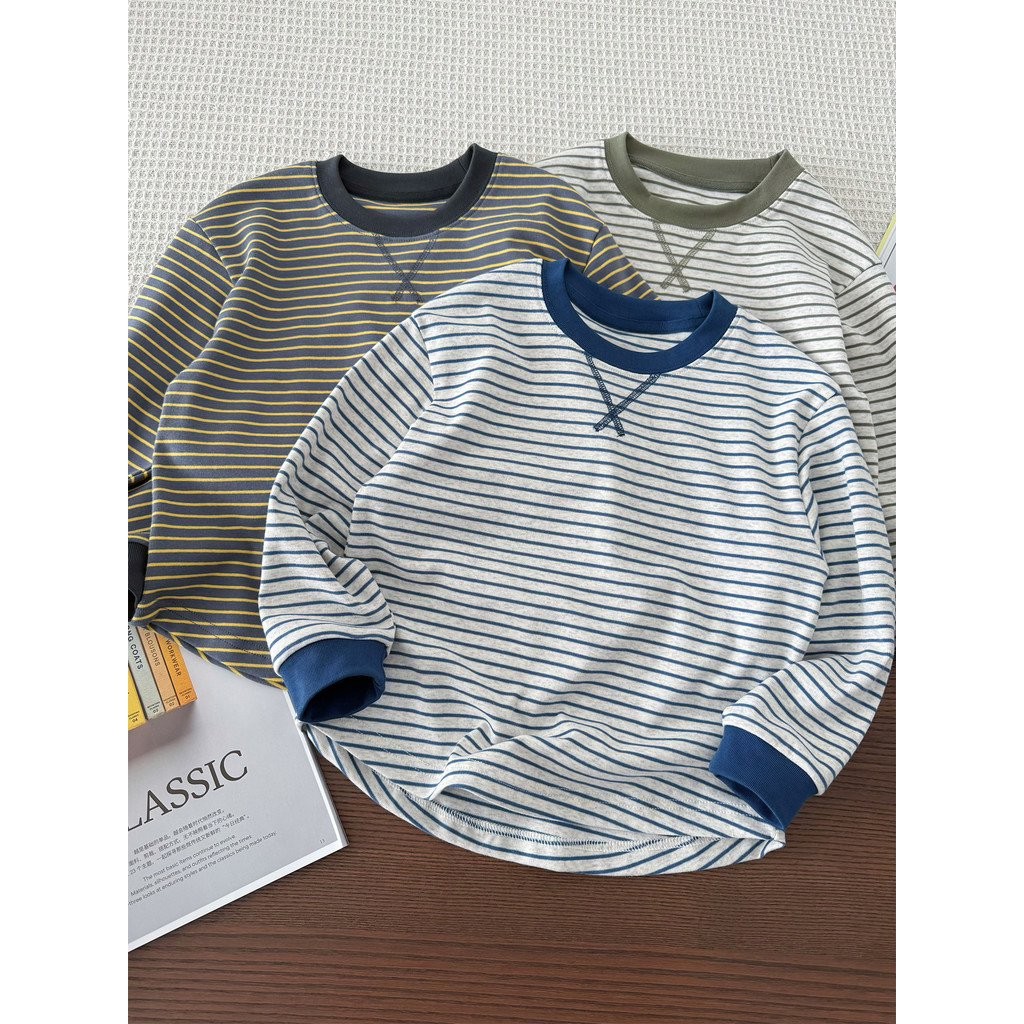 Meninos puro algodão camisa de fundo ~ médio grande crianças moda listrado manga comprida camiseta elástica solta Casual