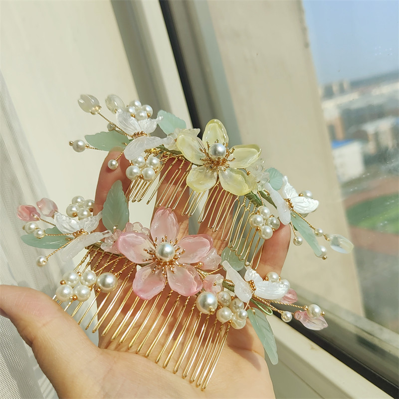 Frete grátis pente de cabelo de vidro coroa de cabelo artesanal Hanfu cabeça jóias Hairpin rosa amarelo antigo foto tiro