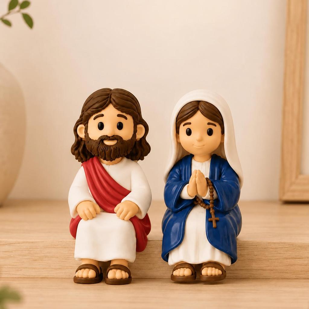 Mini Maria e Jesus Sentados 5cm Enfeite Decorativo para Mesa Monitor Nicho — imagem 2 de 2
